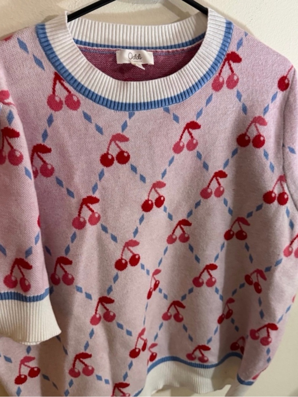 ODDI Size 2xl Pink Cherry-Print Crewneck Sweater